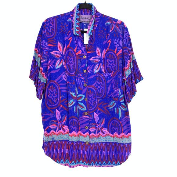 Rainbow-Jo Short Sleeve Aloha Short Mens Size L Purple Floral Print Button Front - Picture 1 of 5